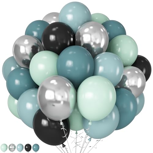 HILAVO Ballons Grün Blau Schwarz 60 Stück 12 Zoll Rennauto Rennwagen Luftballons Grün Silber Türkis Blau Schwarz Latex Helium Ballon für Junge Geburtstag Babyparty Hochzeit Dschungel Safari Party Deko von HILAVO