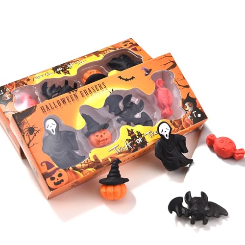 HILAZA 3D-Halloween-Radiergummis für Kinder, niedlicher Kürbis-Geist, Fledermaus-Radierer, Großpackung für Geschenktüten, Halloween, Partygeschenke, 16 Stück von HILAZA