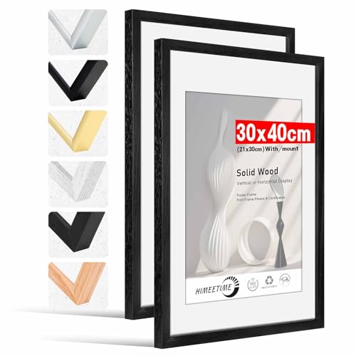 HIMEETIME® 2x Bilderrahmen,30x40 cm Schwarz Rahmen Bild mit Passepartout Display a4 (21x30cm), Holzrahmen Holz-Bilderrahmen Echtholz | Picture Frame 30x40 Fotorahmen zum Aufhängen von HIMEETIME