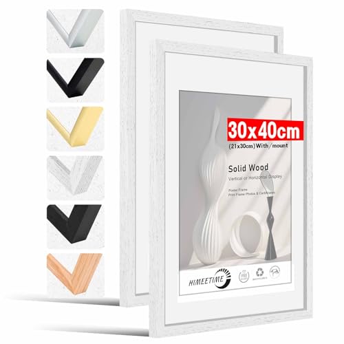 HIMEETIME Bilderrahmen 2 Stück,30x40 cm Weiss Rahmen 2-Pack | Bild mit Passepartout Display a4 (21x30cm), Holzrahmen Holz-Bilderrahmen Echtholz | Picture Frame 30x40 Fotorahmen zum Aufhängen von HIMEETIME