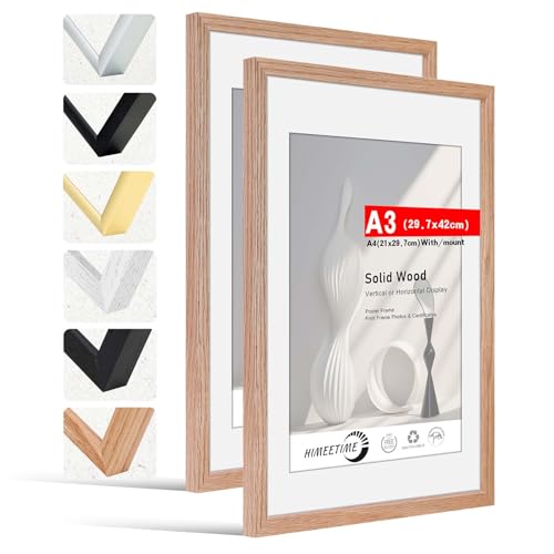 HIMEETIME Bilderrahmen 2 Stück DIN A3 30x42 cm,aus massivem Eichenholz,Natur Eiche Holz Rahmen 2-Pack,Bild mit Passepartout Display A4(21x30cm),für Wandbehänge oder Tischdekoration von HIMEETIME