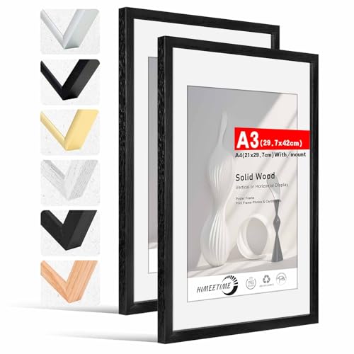 HIMEETIME® 2x Bilderrahmen DIN A3 30x42 cm Schwarz Holz Fotorahmen aus Massivholz Rahmen,Bild mit Passepartout Display 10x15cm,für Wandbehänge oder Tischdekoration von HIMEETIME