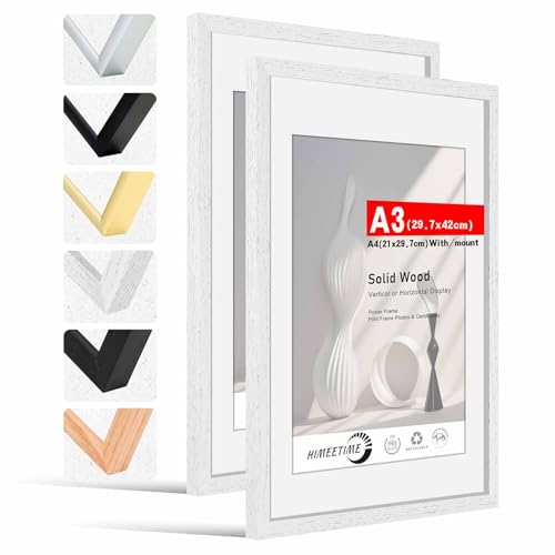 HIMEETIME® 2x Bilderrahmen DIN A3 30x42 cm Weiss Holz Fotorahmen aus Massivholz Rahmen29,7 X42 cm,Bild mit Passepartout Display A4(21x30cm),für Wandbehänge oder Tischdekoration von HIMEETIME