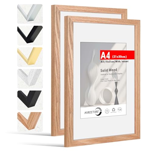 HIMEETIME® 2x Bilderrahmen DIN A4 21x30 cm,aus massivem Eichenholz,Natur Eiche Holz Rahmen | Display A5(15x21cm) Bild mit Passepartout |für Wandbehänge oder Tischdekoration von HIMEETIME