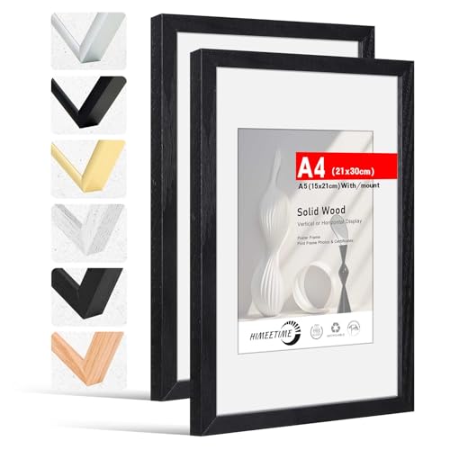 HIMEETIME Bilderrahmen 2 Stück DIN A4 21x30 cm Schwarz Holz Fotorahmen aus Massivholz Rahmen 21x29,7 cm 2-Pack,Bild mit Passepartout Display 10x15cm,für Wandbehänge oder Tischdekoration von HIMEETIME