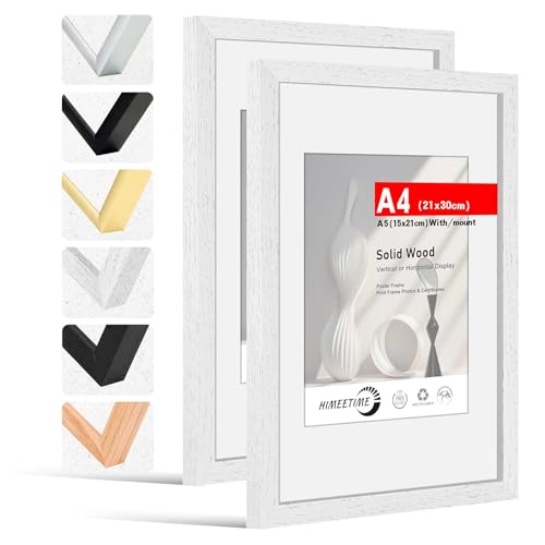 HIMEETIME® 2x Bilderrahmen DIN A4 21x30 cm Weiss Holz Fotorahmen aus Massivholz Rahmen 21x29,7 cm,Bild mit Passepartout Display 10x15cm,für Wandbehänge oder Tischdekoration von HIMEETIME