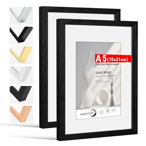 HIMEETIME Bilderrahmen 2 Stück DIN A5 14,8x21 cm Schwarz Holz Fotorahmen aus Massivholz,Rahmen 2-Pack,Bild mit Passepartout Display 10x15cm,für Wandbehänge oder Tischdekoration von HIMEETIME