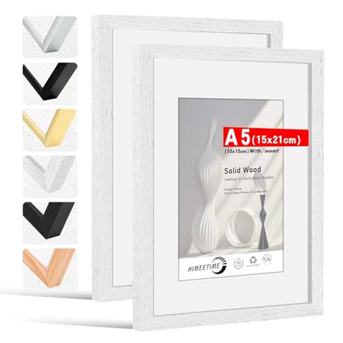 HIMEETIME® 2x Bilderrahmen DIN A5 14,8x21 cm Weiss Holz Fotorahmen aus Massivholz,Rahmen,Bild mit Passepartout Display 10x15cm,für Wandbehänge oder Tischdekoration von HIMEETIME