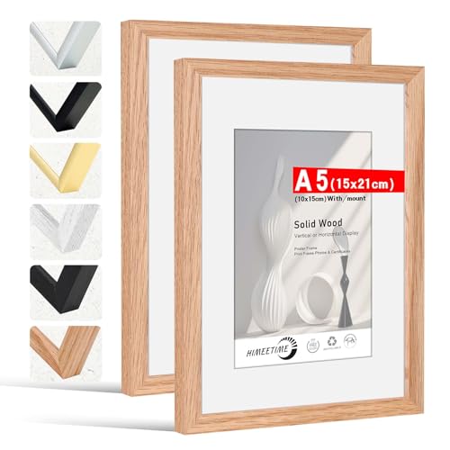 HIMEETIME Bilderrahmen 2 Stück DIN A5 15x21 cm,aus massivem Eichenholz,Natur Eiche Holz Rahmen 2-Pack | Display 10x15cm Bild mit Passepartout | für Wandbehänge oder Tischdekoration von HIMEETIME