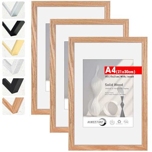 HIMEETIME® 3x Bilderrahmen DIN A4 21x30 cm,aus massivem Eichenholz,Natur Eiche Holz Rahmen | Display A5(15x21cm) Bild mit Passepartout |für Wandbehänge oder Tischdekoration von HIMEETIME