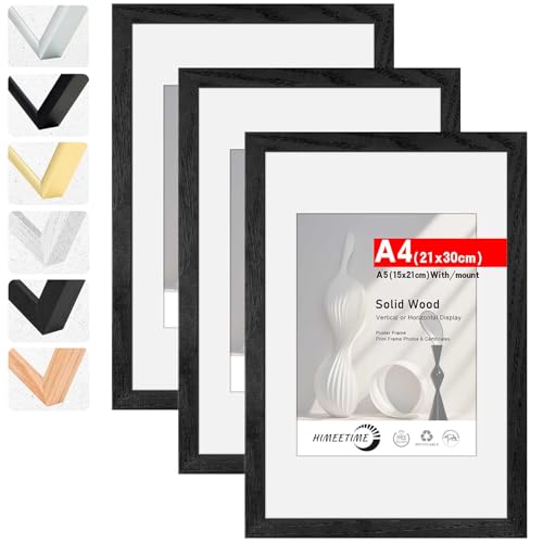 HIMEETIME Bilderrahmen 3 Stück DIN A4 21x30 cm Schwarz Holz Fotorahmen aus Massivholz Rahmen 21x29,7 cm 3-Pack,für Bilder A5 15x21cm mit Matte,für Wandbehänge oder Tischdekoration von HIMEETIME