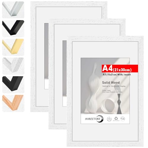 HIMEETIME® 3x Bilderrahmen DIN A4 21x30 cm Weiss Holz Fotorahmen aus Massivholz Rahmen 21x29,7 cm,Bild mit Passepartout Display 10x15cm,für Wandbehänge oder Tischdekoration von HIMEETIME