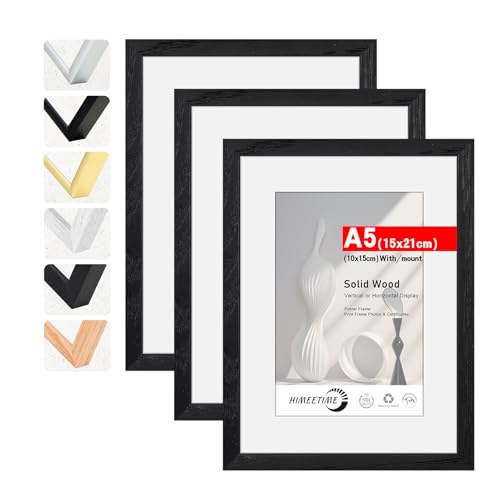 HIMEETIME® 3x Bilderrahmen DIN A5 14,8x21 cm Schwarz Holz Fotorahmen aus Massivholz,Rahmen mit Plexi-glass front,für Bilder 10x15cm mit Matte,für Wandbehänge oder Tischdekoration von HIMEETIME