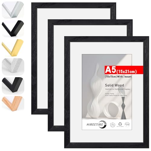 HIMEETIME Bilderrahmen 3 Stück DIN A5 14,8x21 cm Schwarz Holz Fotorahmen aus Massivholz,Rahmen 3-Pack mit Plexi-glass front,für Bilder 10x15cm mit Matte,für Wandbehänge oder Tischdekoration von HIMEETIME