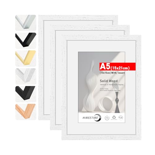 HIMEETIME® 3x Bilderrahmen DIN A5 14,8x21 cm Weiss Holz Fotorahmen aus Massivholz,Rahmen,Bild mit Passepartout Display 10x15cm,für Wandbehänge oder Tischdekoration von HIMEETIME