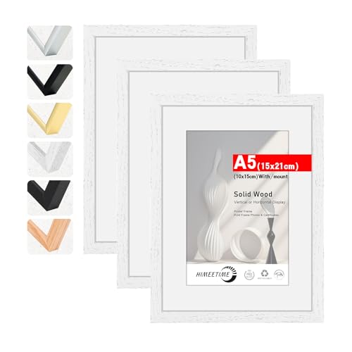 HIMEETIME Bilderrahmen 3 Stück DIN A5 14,8x21 cm Weiss Holz Fotorahmen aus Massivholz,Rahmen 3-Pack,Bild mit Passepartout Display 10x15cm,für Wandbehänge oder Tischdekoration von HIMEETIME