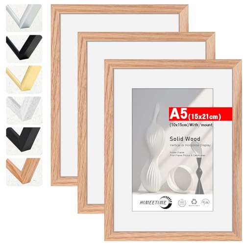 HIMEETIME® 3x Bilderrahmen DIN A5 15x21 cm,aus massivem Eichenholz,Natur Eiche Holz Rahmen Display 10x15cm Bild mit Passepartout | für Wandbehänge oder Tischdekoration von HIMEETIME