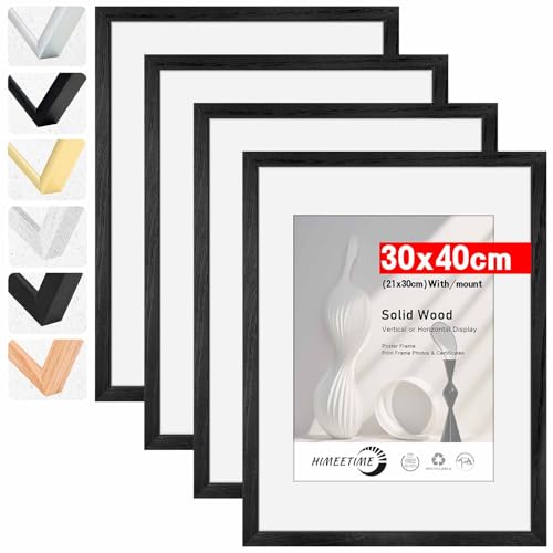 HIMEETIME Bilderrahmen 4 Stück,30x40 cm Schwarz Rahmen 4-Pack | Bild mit Passepartout Display a4 (21x30cm), Holzrahmen Holz-Bilderrahmen Echtholz | Picture Frame 30x40 Fotorahmen zum Aufhängen von HIMEETIME