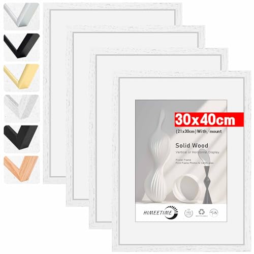 HIMEETIME® 4x Bilderrahmen,30x40 cm Weiss Rahmen Bild mit Passepartout Display a4 (21x30cm), Holzrahmen Holz-Bilderrahmen Echtholz | Picture Frame 30x40 Fotorahmen zum Aufhängen von HIMEETIME