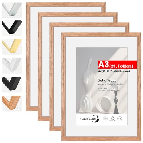 HIMEETIME Bilderrahmen 4 Stück DIN A3 30x42 cm,aus massivem Eichenholz mit Plexi-glass front,Natur Eiche Holz Rahmen 4-Pack,für Bilder A4(21x30cm) mit Matte,für Wandbehänge oder Tischdekoration von HIMEETIME