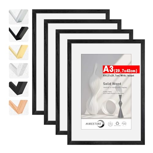 HIMEETIME Bilderrahmen 4 Stück DIN A3 30x42 cmSchwarz Holz Rahmen 4-Pack,für Bilder A4 21x29,7 cm mit Matte,Holzrahmen Holz-Bilderrahmen Poster Echtholz,Picture Frame A3 Fotorahmen von HIMEETIME