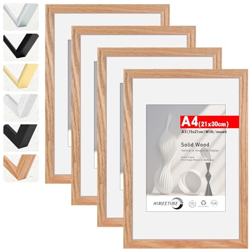 HIMEETIME Bilderrahmen 4 Stück DIN A4 21x30 cm,aus massivem Eichenholz,Natur Eiche Holz Rahmen 4-Pack | Display A5(15x21cm) Bild mit Passepartout |für Wandbehänge oder Tischdekoration von HIMEETIME