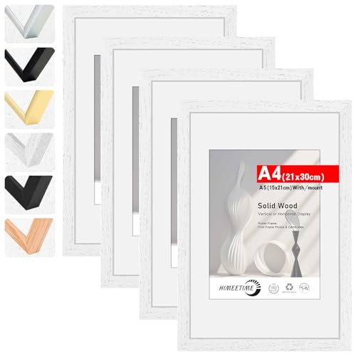 HIMEETIME Bilderrahmen 4 Stück DIN A4 21x30 cm Weiss Holz Fotorahmen aus Massivholz Rahmen 21x29,7 cm 4-Pack,Bild mit Passepartout Display 10x15cm,für Wandbehänge oder Tischdekoration von HIMEETIME