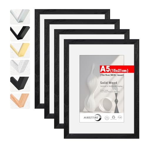 HIMEETIME Bilderrahmen 4 Stück DIN A5 14,8x21 cm Schwarz Holz Fotorahmen aus Massivholz,Rahmen 4-Pack mit Plexi-glass front,für Bilder 10x15cm mit Matte,für Wandbehänge oder Tischdekoration von HIMEETIME