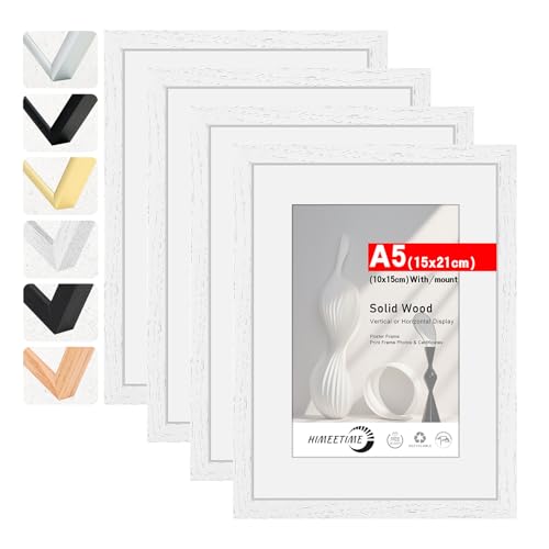 HIMEETIME Bilderrahmen 4 Stück DIN A5 14,8x21 cm Weiss Holz Fotorahmen aus Massivholz,Rahmen 4-Pack,Bild mit Passepartout Display 10x15cm,für Wandbehänge oder Tischdekoration von HIMEETIME