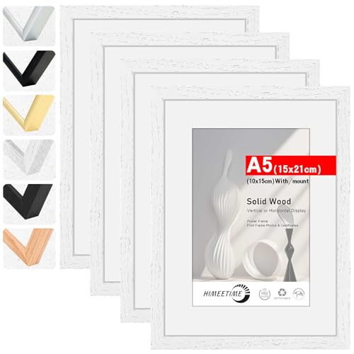 HIMEETIME Bilderrahmen 4 Stück DIN A5 14,8x21 cm Weiss Holz Fotorahmen aus Massivholz,Rahmen 4-Pack,Bild mit Passepartout Display 10x15cm,für Wandbehänge oder Tischdekoration von HIMEETIME