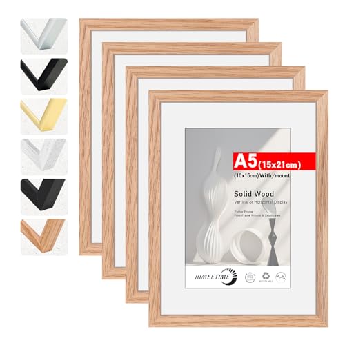 HIMEETIME Bilderrahmen 4 Stück DIN A5 15x21 cm,aus massivem Eichenholz,Natur Eiche Holz Rahmen 4-Pack | Display 10x15cm Bild mit Passepartout | für Wandbehänge oder Tischdekoration von HIMEETIME