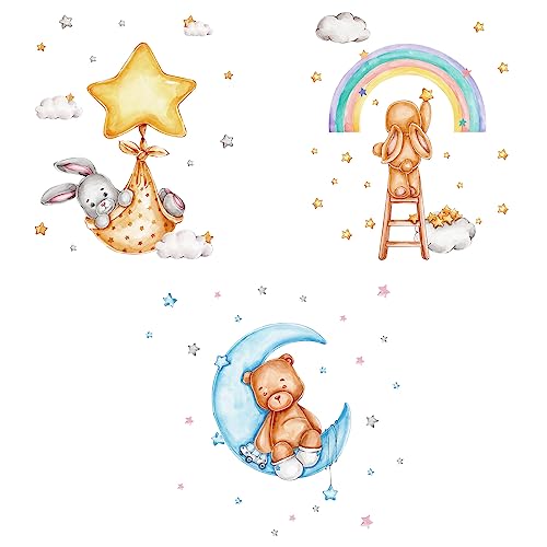 HIMKI 3 Stück Wandsticker Kinderzimmer Wandtattoo für Babyzimmer Kinderzimmer Süße Tiere Wandaufkleber Kindergarten Spielzimmer Schlafzimmer Flur Wanddeko (Häschen,Teddybär,Sternen-Hase) von HIMKI