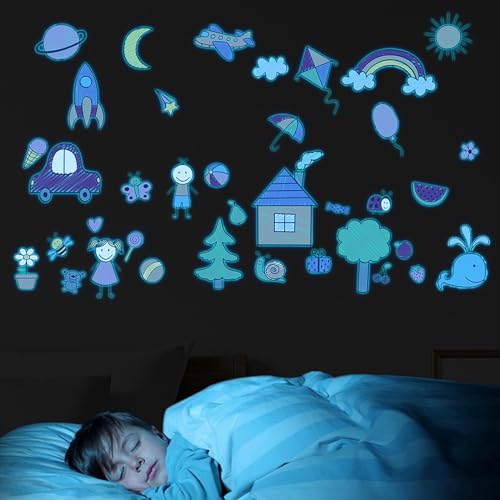 HIMKI Wandsticker Kinderzimmer Leuchtaufkleber Cartoon-Tiere Wandtattoo Leuchtend Wandaufkleber für Babyzimmer Kindergarten Spielzimmer Schlafzimmer Wanddeko (Blau Leuchtend B) von HIMKI