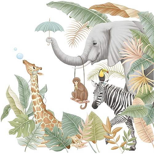 HIMKI Wandtattoo Kinderzimmer Dschungeltiere Wandsticker Wasserfester Giraffe Elefant Zebra Löwe Tropische Grüne Pflanze Wandaufkleber für Babyzimmer Schlafzimmer Spielzimmer Kindergarten Wanddeko (A) von HIMKI