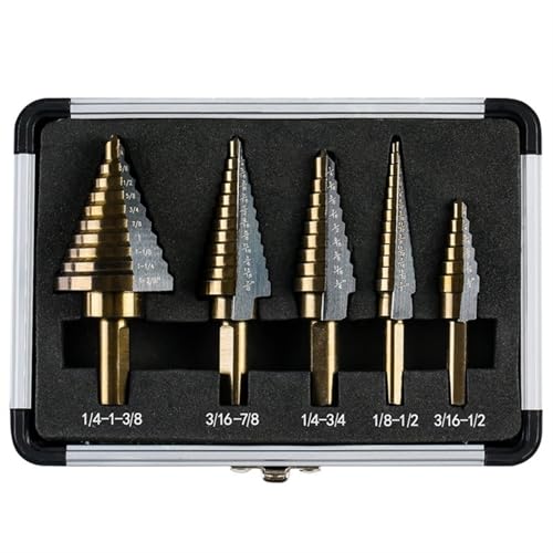 5/6-teiliges HSS 4241 Kobalt-Stufenbohrer-Set, Bohrlochwerkzeuge for Metall, Kegelbohrer for Metall, Eisen, Aluminium, Kupfer, Stahl und Holz(5PCS Set with Box) von HIMKSRE