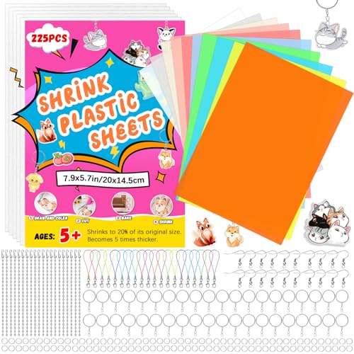 HIMOMO 225 Stück Schrumpffolien Set, 20 Buntes Schrumpfkunstpapier, 5 Blätter durchscheinende Schrumpfpapier, Schlüsselanhängern und Kettchen für DIY Handwerk von HIMOMO