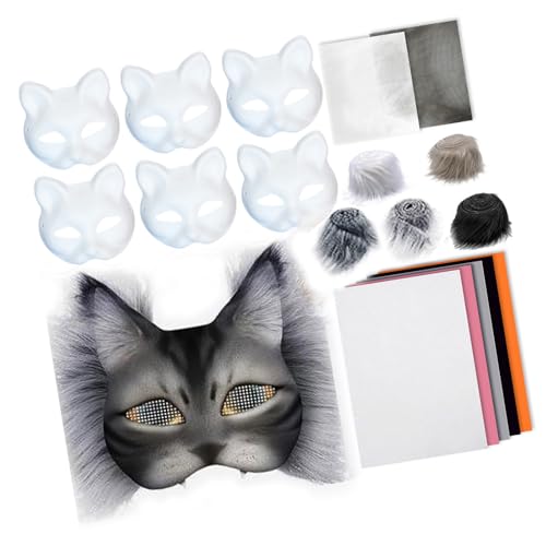 HINAYOSAN 6 x bemalbare Katzengesichter mit pelzigem Rand, Netzstoff, selbstklebender Stoff, unlackiert, Maskeraden für Kinder und Erwachsene, Cosplay von HINAYOSAN