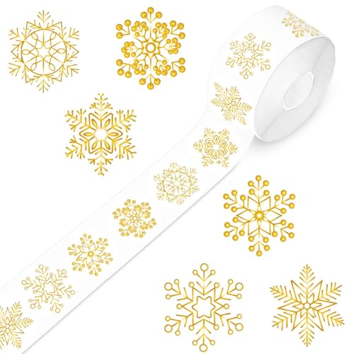 1000 Stück Weihnachtsaufkleber in 6 Designs, Weihnachtsaufkleber mit Schneeflocken, Goldfolie, Weihnachtsaufkleber für Karten, 3,8 cm, Winteraufkleber,schneeflocksticker. Weihnachtskettel von HINGTAI