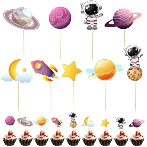 36 Stück Cupcake-Topper mit Weltraum-Astronauten, einfach anzubringender Kuchenaufsatz mit Weltraum-Astronauten, Dekoration für Geburtstagspartys mit Astronauten, Cupcake Toppers Earth Planet Cupcake von HINGTAI