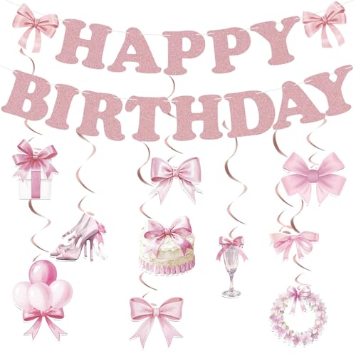 Happy Birthday Rosa Schleifenbanner Glitzer Geburtstagsdekorationen für Frauen Hängende Wirbel Schleife Mottoparty Dekor Schleifengirlande Schleifenbanner für Babyparty Mädchen Frauen Prinzessin von HINGTAI