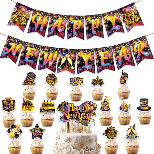 Neujahrsdekorationen 2025, farbenfrohes Neujahrsbanner in Gold und Schwarz, Cupcake-Topper für Silvesterpartys, Silvester Deko 2025 Party Set, Silvesterpartyzubehör für die Feiertagspartydekoration von HINGTAI