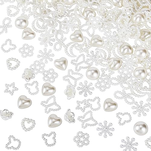 HINZIC 220 Stück Perlen-Charms, 30 g, gemischte Größe, halbrunde Tropfenperlen, verschiedene Herzen, Sterne, Blumen, Schleifen, flache Rückseite, Charms für Schmuckherstellung, Basteln, Dekoration von HINZIC