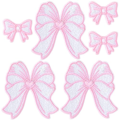 HINZIC 6 x rosa Schleifen-Aufnäher, 5,1 cm, 2,5 cm, niedliche Schleife, Stickerei-Applikationen, selbstklebend, Chenille, zum Aufnähen, dekorative Flicken für DIY-Kleidung, Hüte, Taschen, Jacken, von HINZIC