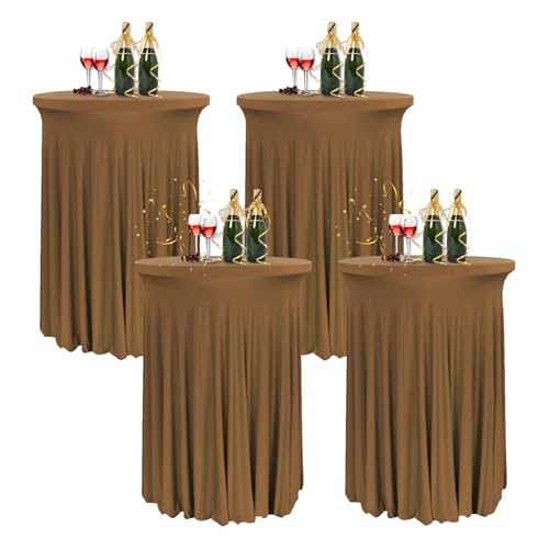 HIOMALY 4pcs Spandex Stretch Cocktail Tischdecke mit Rock, 60/80cm Stehtisch Husse für Bistrotisch, Tischhussen für Stehtische für Party Hochzeit Banketttisch,Braun,24in/60cm von HIOMALY