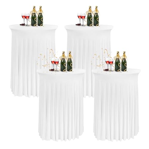 HIOMALY 4pcs Spandex Stretch Cocktail Tischdecke mit Rock, 60/80cm Stehtisch Husse für Bistrotisch, Tischhussen für Stehtische für Party Hochzeit Banketttisch,Weiß,24in/60cm von HIOMALY