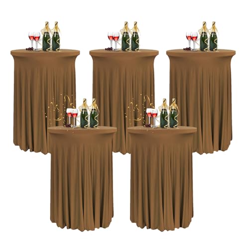 HIOMALY 5pcs Runde Cocktail Tischdecke mit Rock, 60/80cm Spandex Stretch Stehtischhussen für Bistrotisch, High Top Stehtisch Husse für Party Bankett Hochzeit,Braun,24in/60cm von HIOMALY