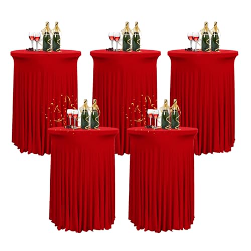 HIOMALY 5pcs Runde Cocktail Tischdecke mit Rock, 60/80cm Spandex Stretch Stehtischhussen für Bistrotisch, High Top Stehtisch Husse für Party Bankett Hochzeit,Burgundy,32in/80cm von HIOMALY