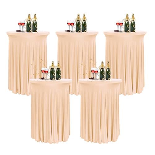 HIOMALY 5pcs Runde Cocktail Tischdecke mit Rock, 60/80cm Spandex Stretch Stehtischhussen für Bistrotisch, High Top Stehtisch Husse für Party Bankett Hochzeit,Champagne,24in/60cm von HIOMALY