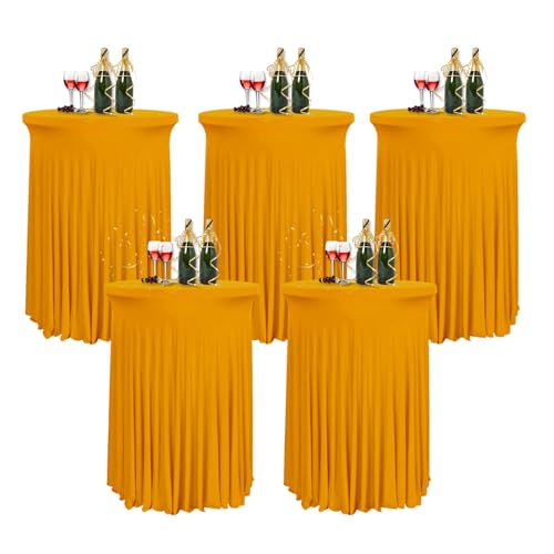 HIOMALY 5pcs Runde Cocktail Tischdecke mit Rock, 60/80cm Spandex Stretch Stehtischhussen für Bistrotisch, High Top Stehtisch Husse für Party Bankett Hochzeit,Gold,24in/60cm von HIOMALY