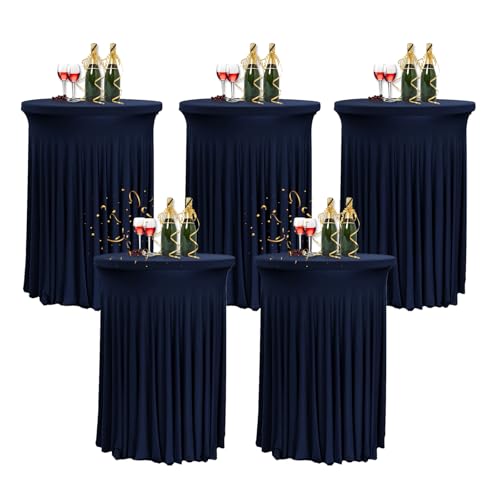 HIOMALY 5pcs Runde Cocktail Tischdecke mit Rock, 60/80cm Spandex Stretch Stehtischhussen für Bistrotisch, High Top Stehtisch Husse für Party Bankett Hochzeit,Marine,24in/60cm von HIOMALY